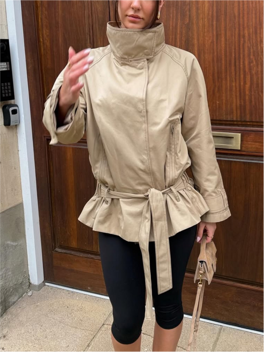 Petite Cream Faux Leather Belted Funnel Neck Coat