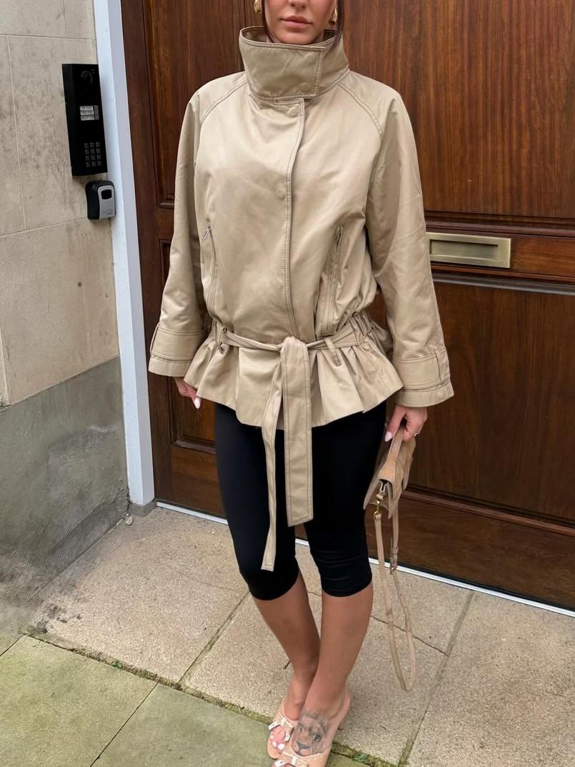 Petite Cream Faux Leather Belted Funnel Neck Coat
