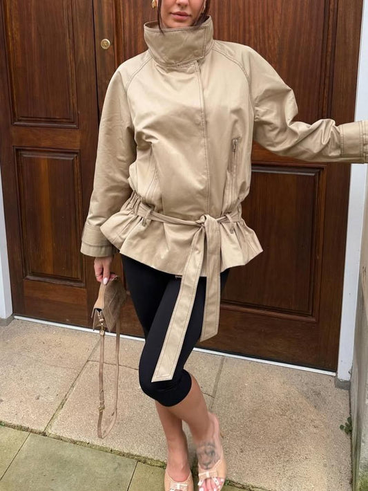 Petite Cream Faux Leather Belted Funnel Neck Coat