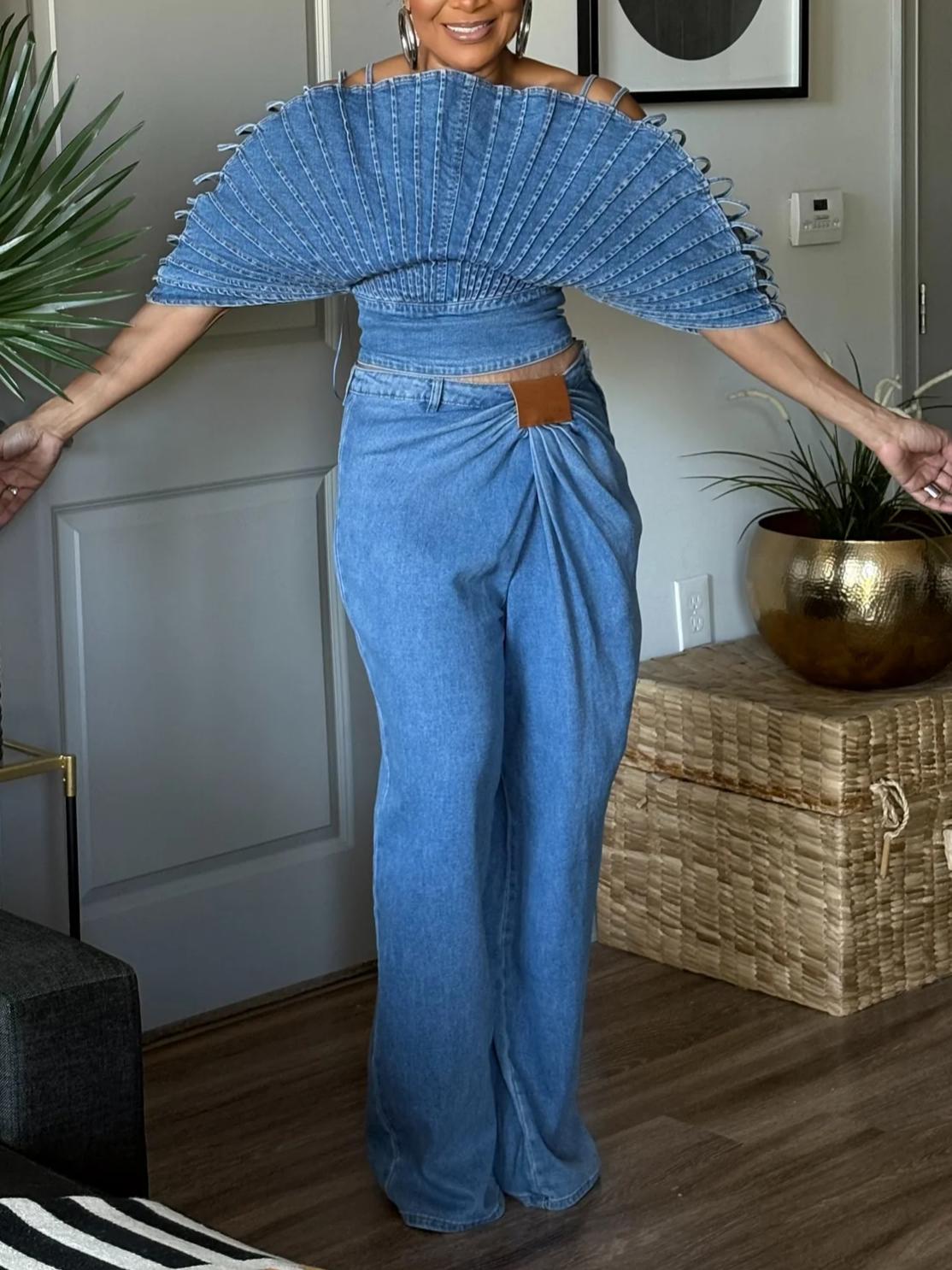 Ruched Waist Wide-Leg Denim Pants