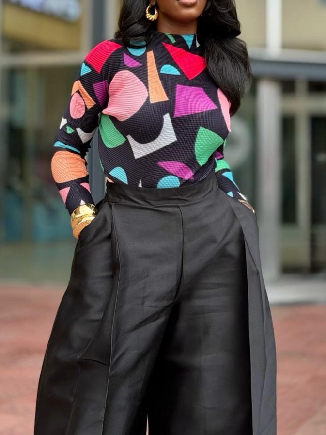 Geometric Print Plissé Long Sleeve Top