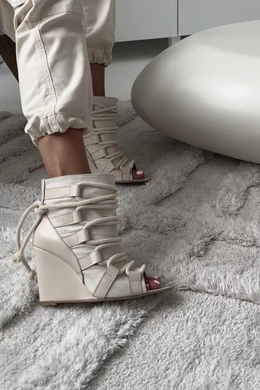 Pointed Toe Open-Toe Wedge Ankle Boots