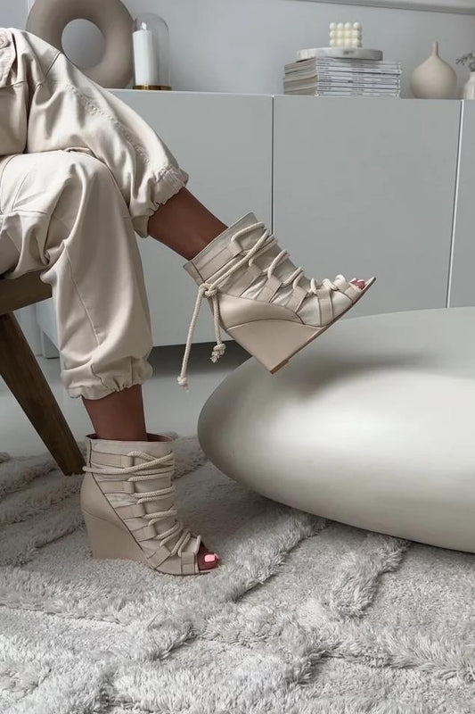 Pointed Toe Open-Toe Wedge Ankle Boots