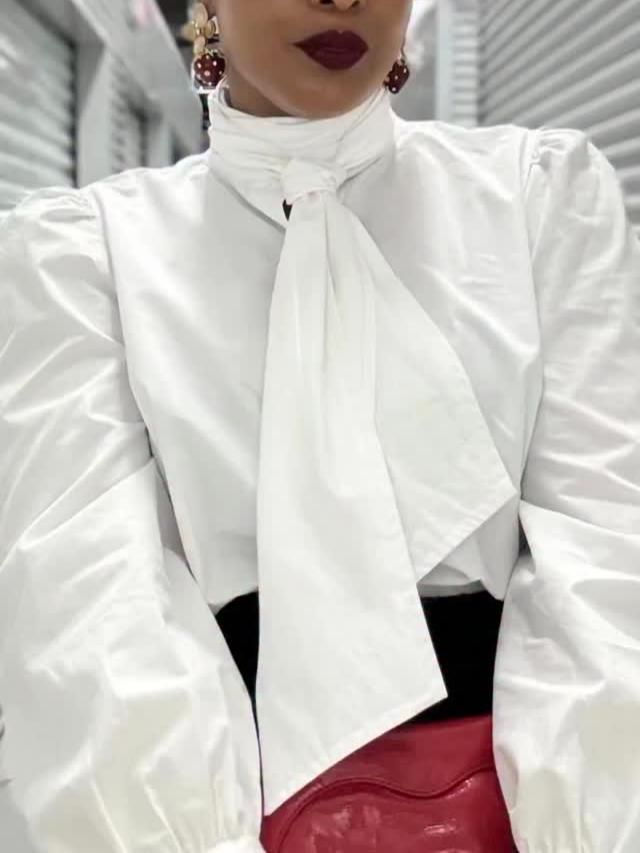 Cotton Tie Neck Blouse with Long Puff Sleeves