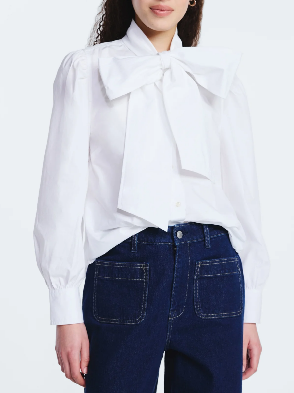 Cotton Tie Neck Blouse with Long Puff Sleeves