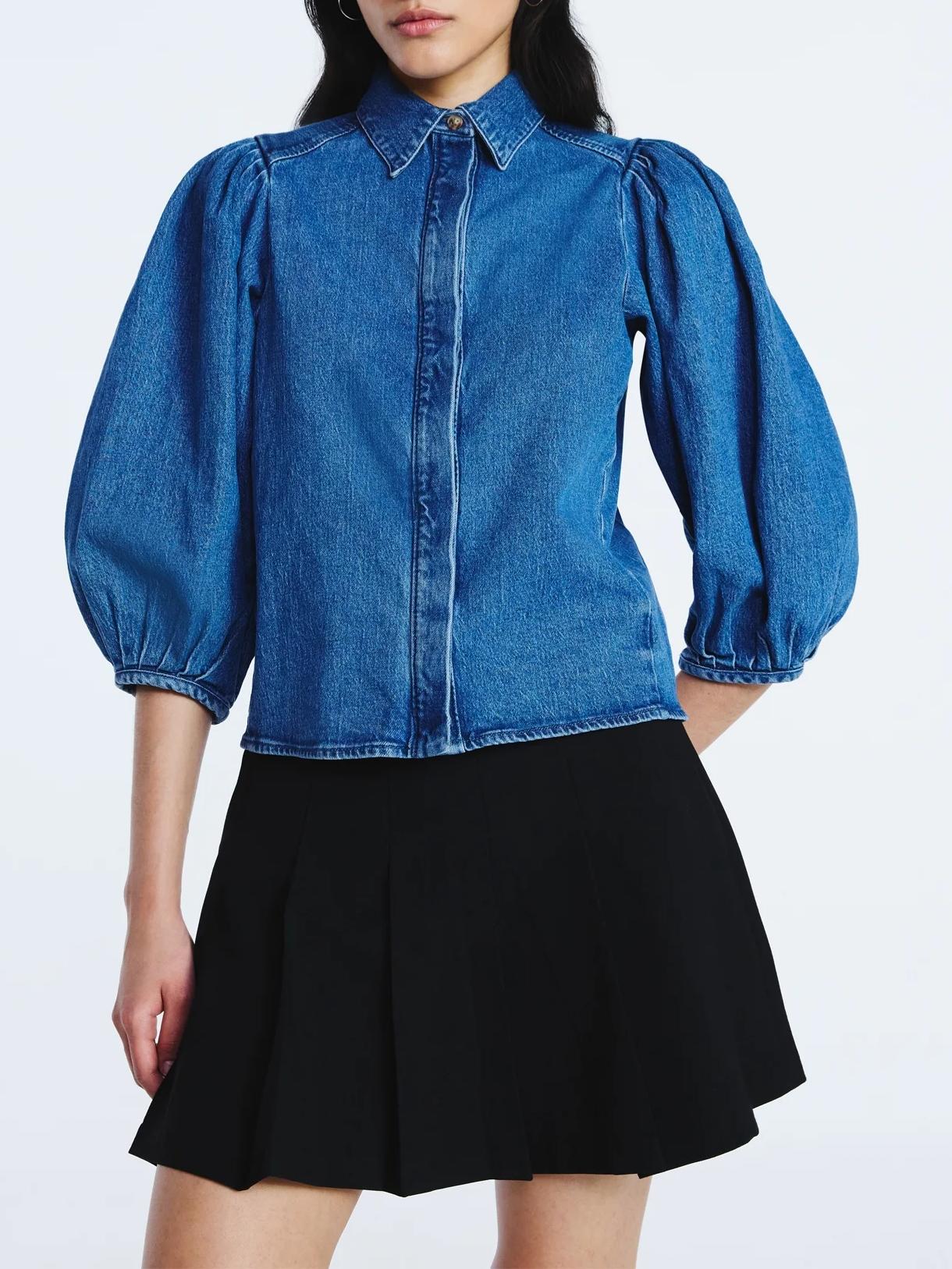 Denim Shirt with 3/4 Length Puff Sleeves