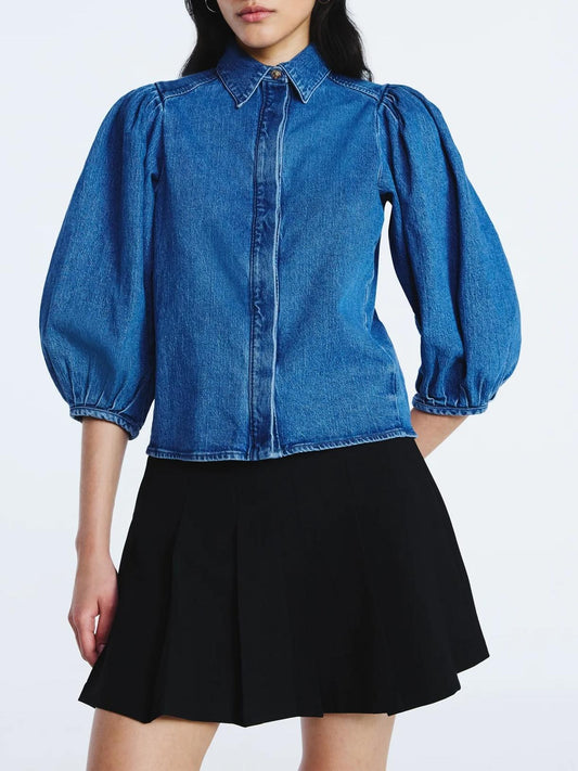 Denim Shirt with 3/4 Length Puff Sleeves