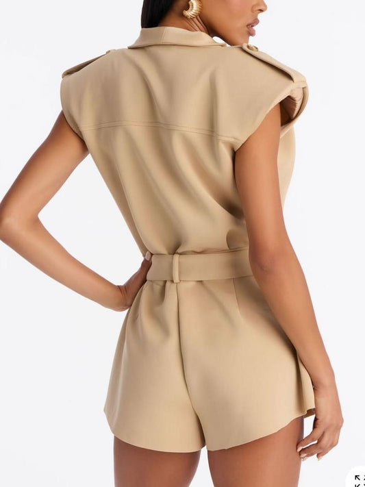 Shoulder Pad Jumpsuit in Khaki
