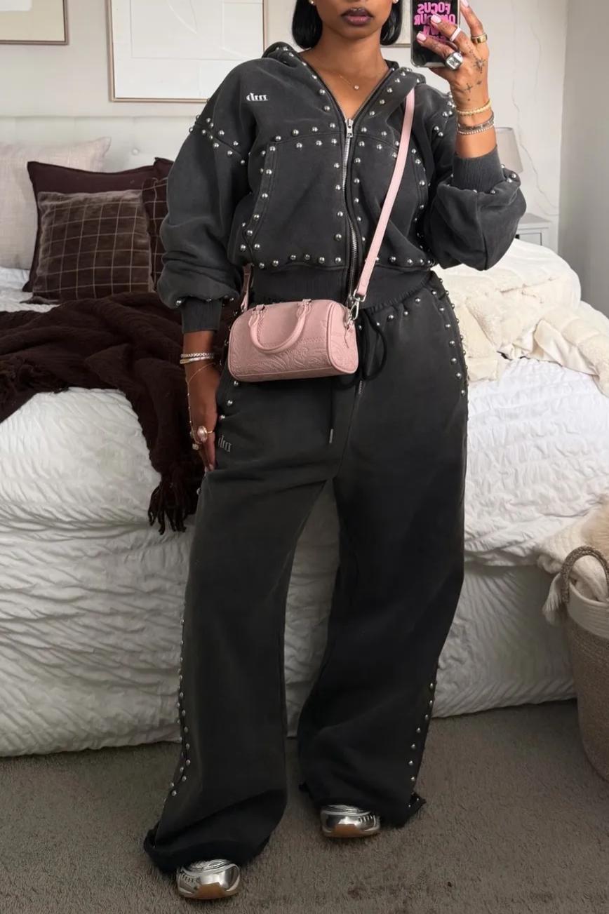Solid Color Drop Shoulder Zip Front Casual Hoodie & Casual Loose Fit Sweatpants Set