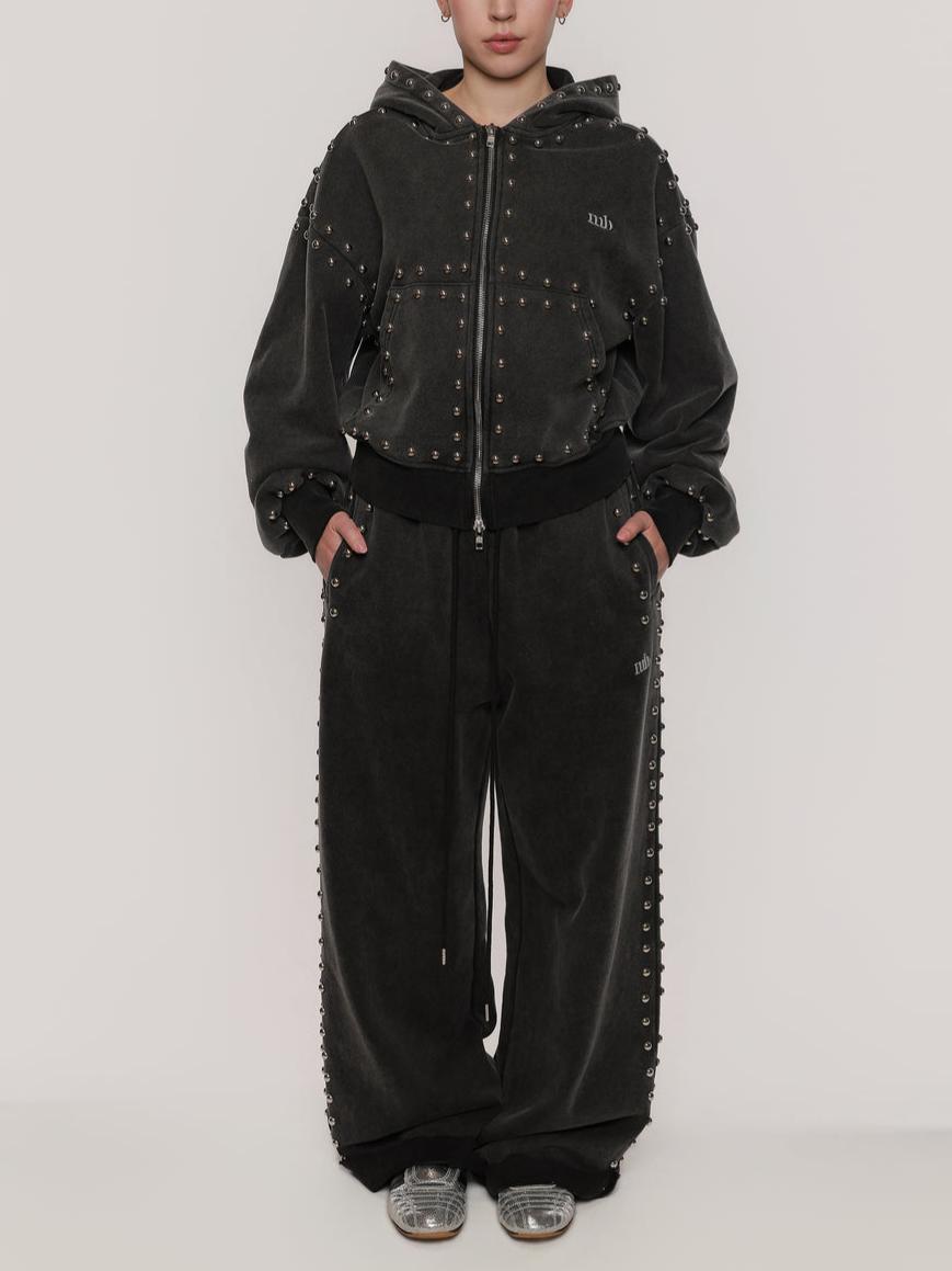 Solid Color Drop Shoulder Zip Front Casual Hoodie & Casual Loose Fit Sweatpants Set