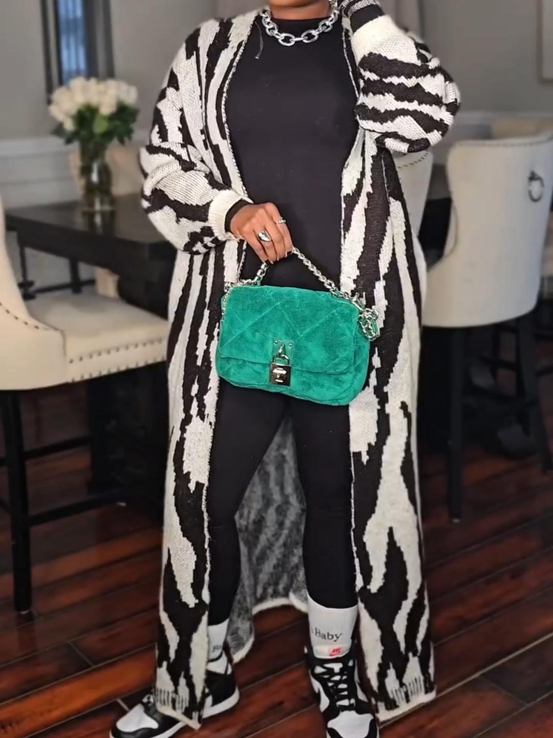 Zebra Striped Pattern Drop Shoulder Duster Cardigan