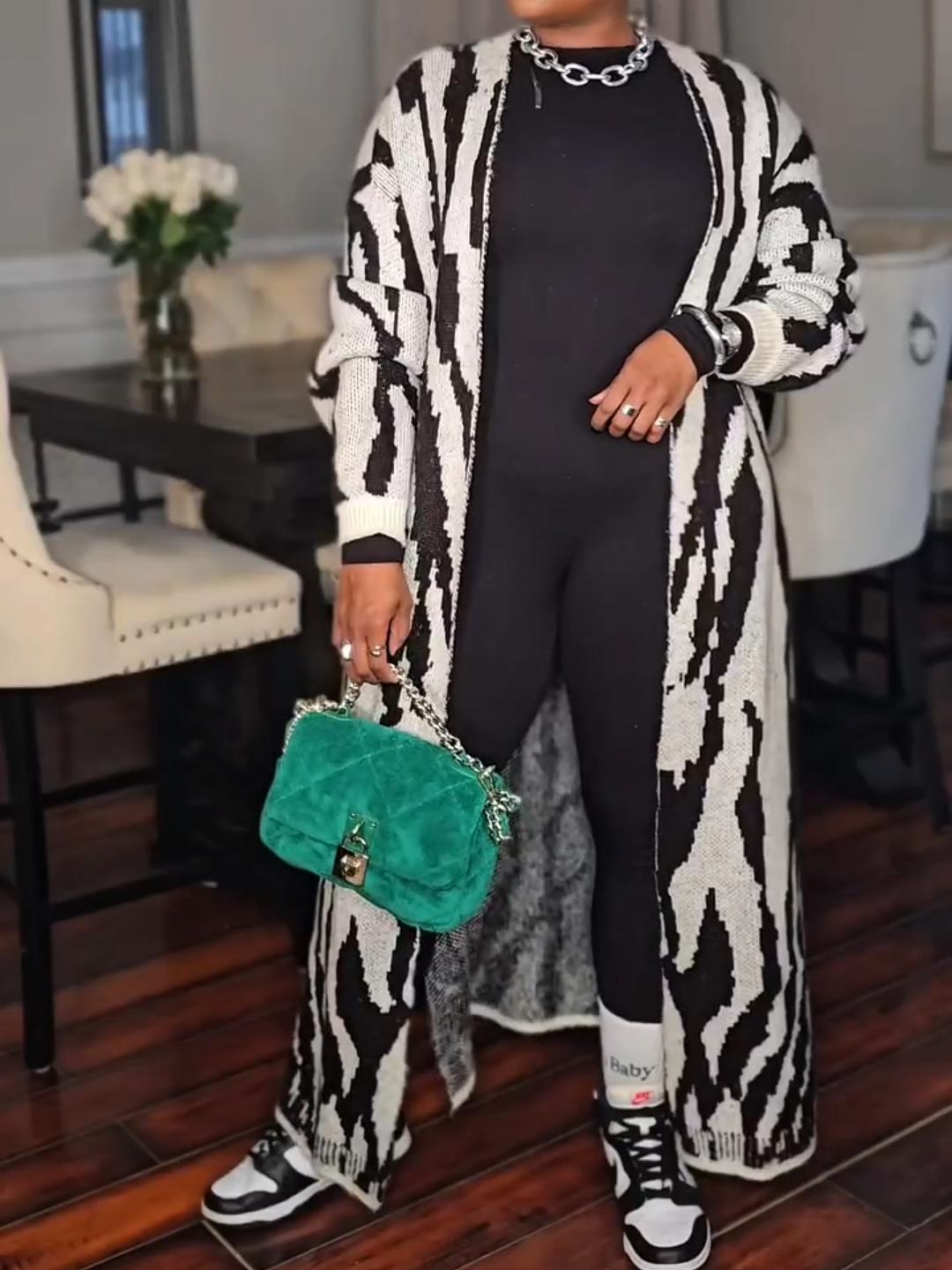 Zebra Striped Pattern Drop Shoulder Duster Cardigan