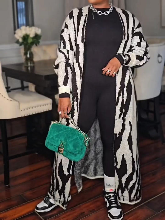 Zebra Striped Pattern Drop Shoulder Duster Cardigan