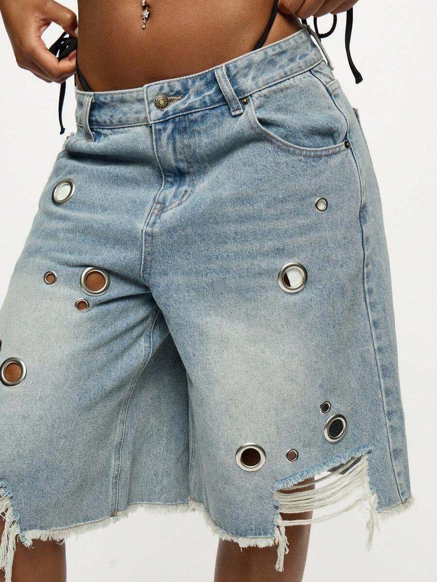 Distressed Denim Bermuda Shorts With Eyelet Details