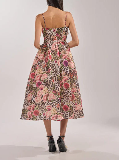 Wild Floral Leopard Print Strappy Maxi Dress
