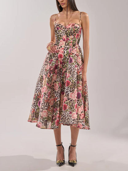 Wild Floral Leopard Print Strappy Maxi Dress