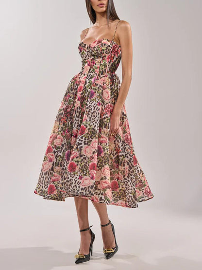 Wild Floral Leopard Print Strappy Maxi Dress