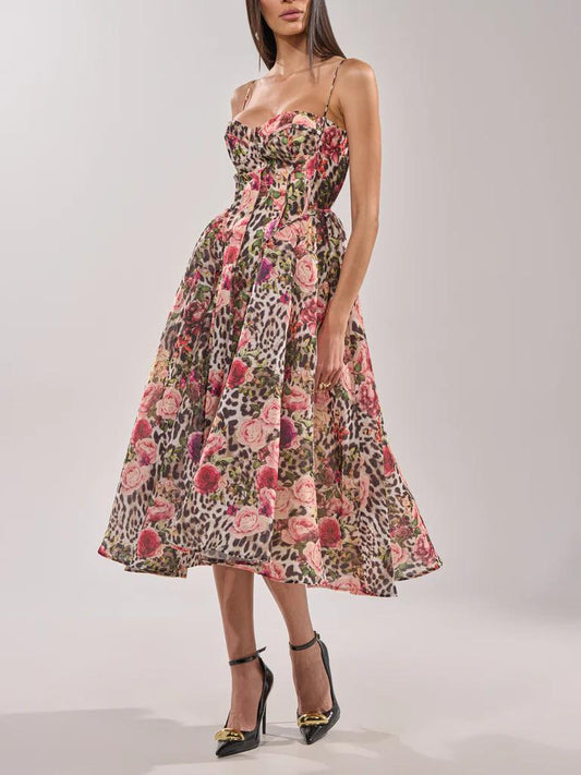 Wild Floral Leopard Print Strappy Maxi Dress