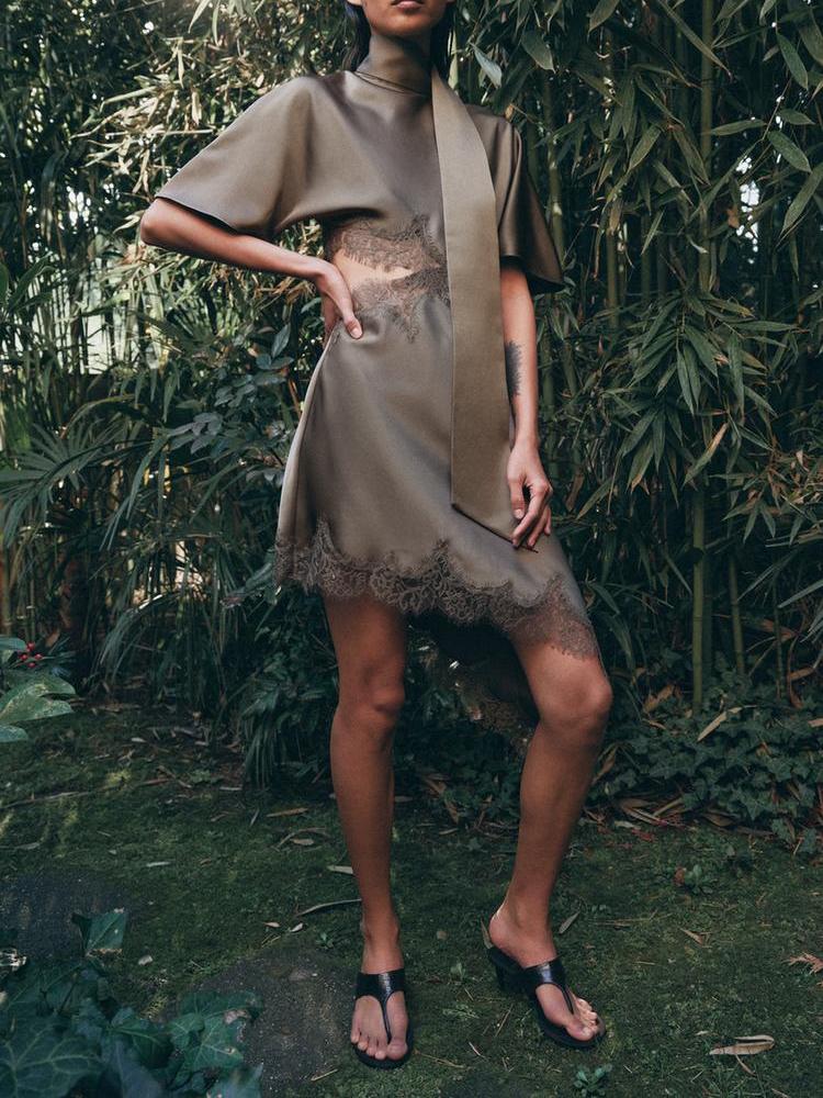 Side Cut-Out Lace Satin Mini Dress