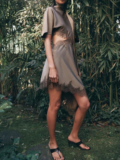 Side Cut-Out Lace Satin Mini Dress