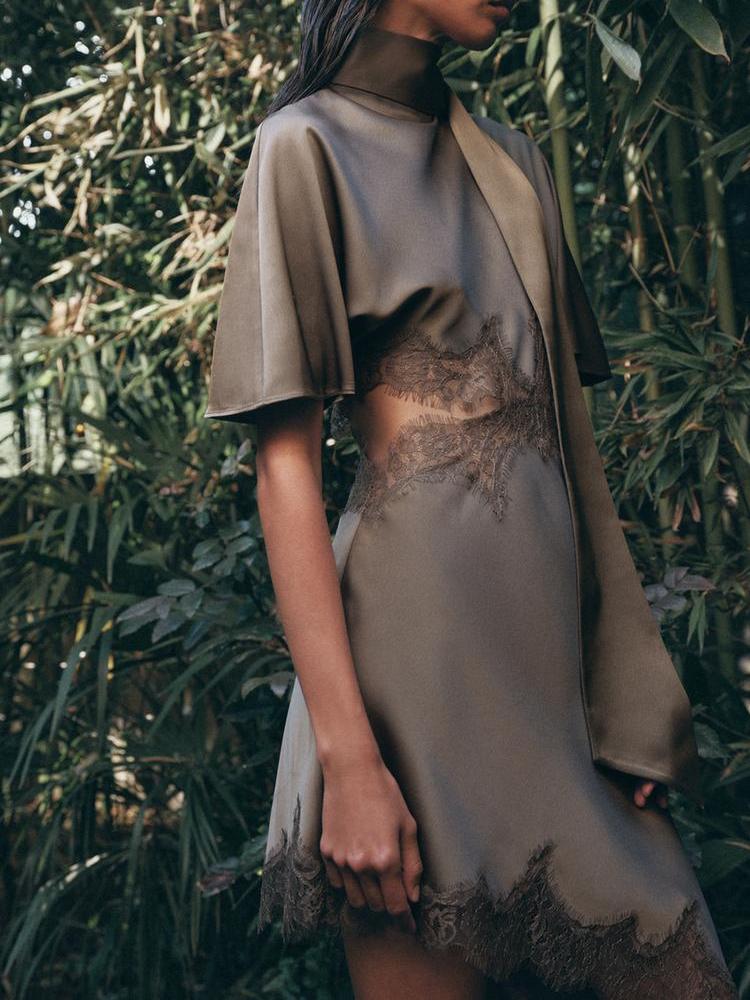 Side Cut-Out Lace Satin Mini Dress