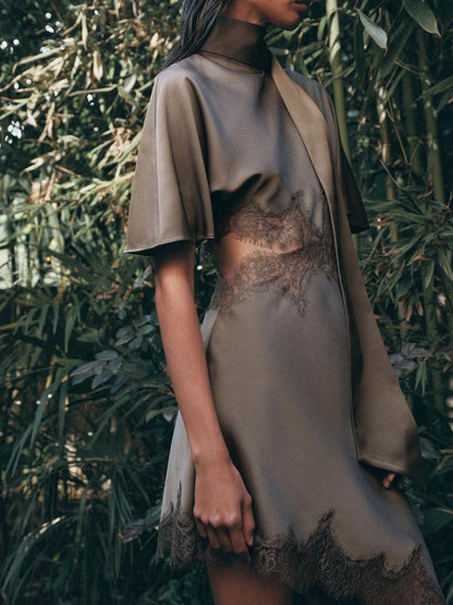 Side Cut-Out Lace Satin Mini Dress