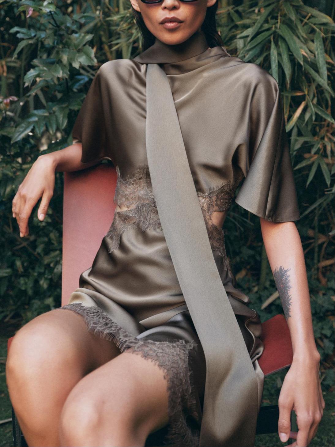 Side Cut-Out Lace Satin Mini Dress