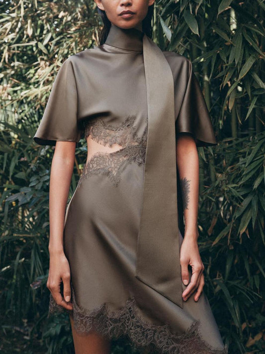 Side Cut-Out Lace Satin Mini Dress