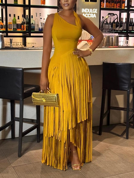 Gold Cascading Fringe Maxi Dress
