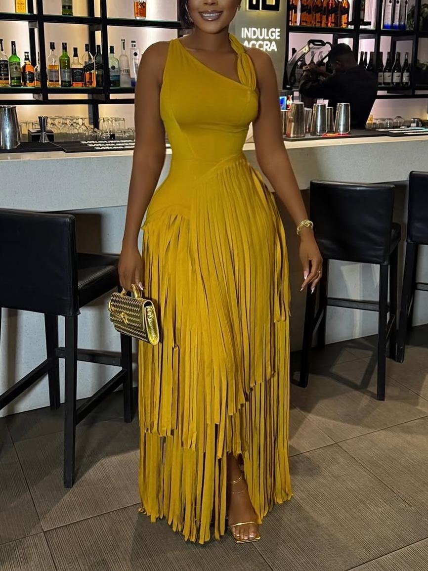 Gold Cascading Fringe Maxi Dress