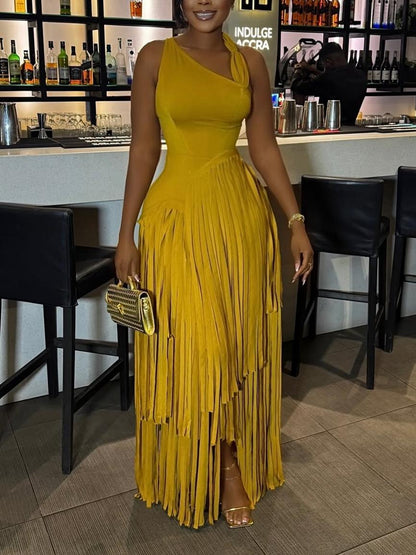 Gold Cascading Fringe Maxi Dress