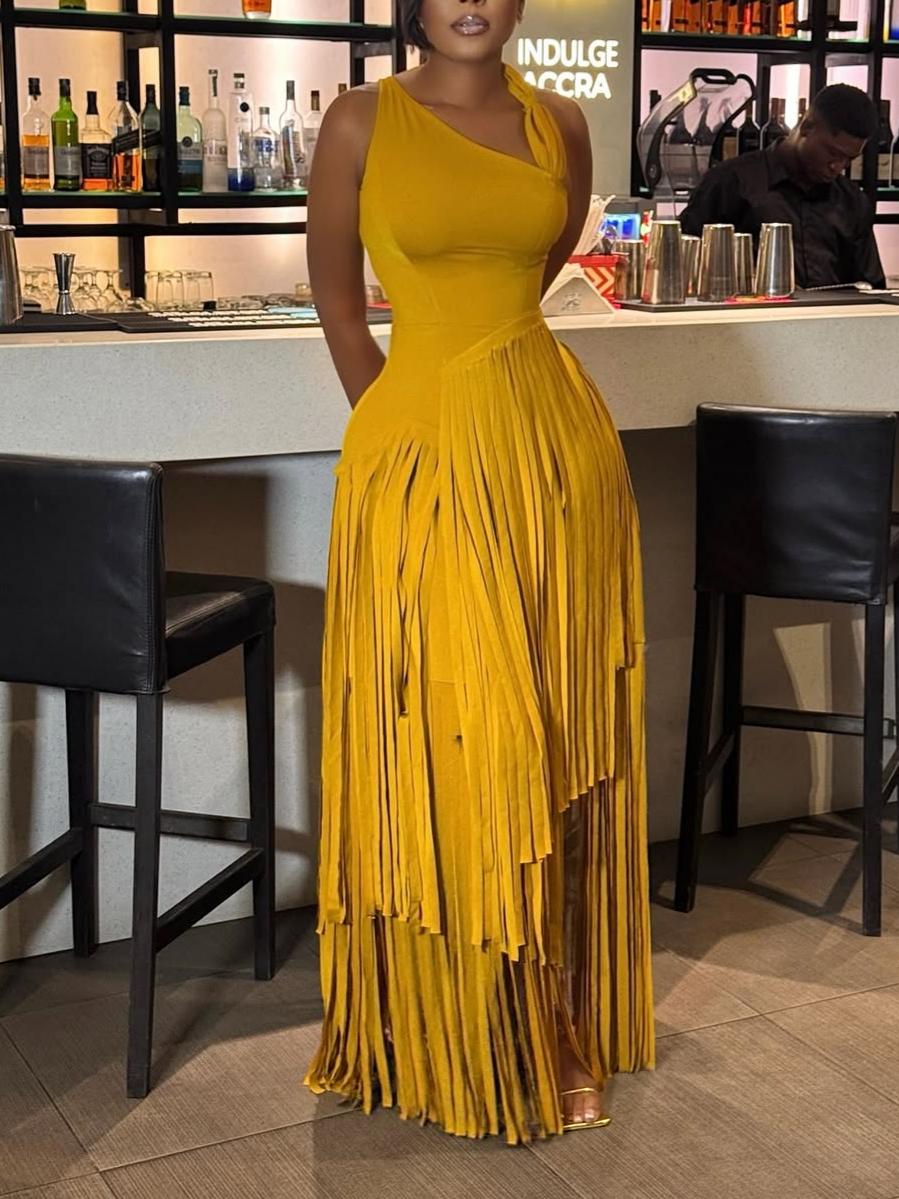 Gold Cascading Fringe Maxi Dress
