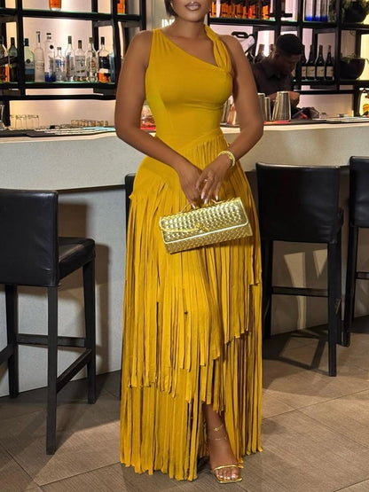 Gold Cascading Fringe Maxi Dress
