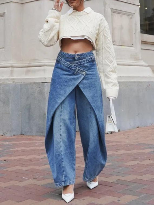 Cross-Front Wide-Leg Jeans