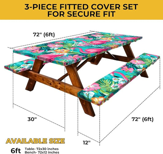 6ft Polyester Picnic Table Cover with Bench Covers Windproof & Waterproof Tablecloth,  with Carrying Bag，4Pcs