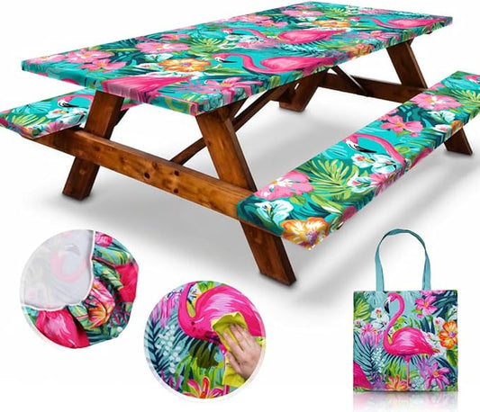 6ft Polyester Picnic Table Cover with Bench Covers Windproof & Waterproof Tablecloth,  with Carrying Bag，4Pcs