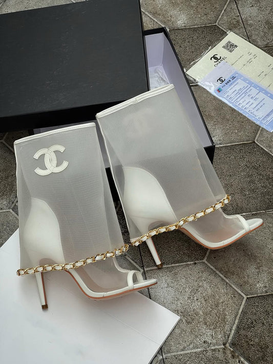 Double-C White Mesh Chain High Heels