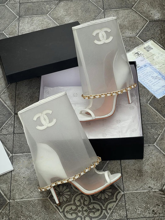 Double-C White Mesh Chain High Heels