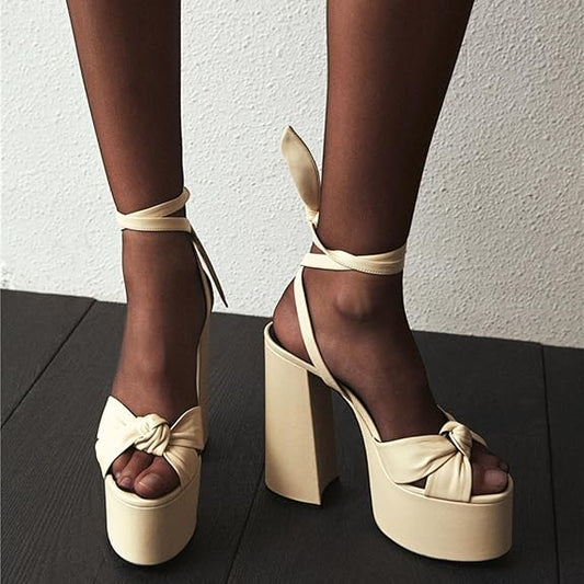 Platform Strappy Chunky Heel Round Peep Toe Heels Ankle Strap Sandals