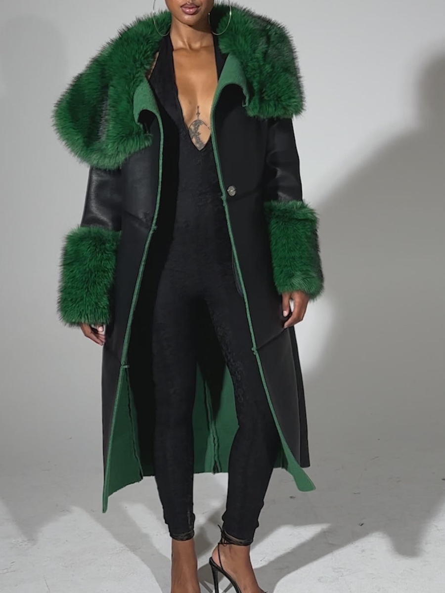 Green Fur-Trim Faux Leather Coat