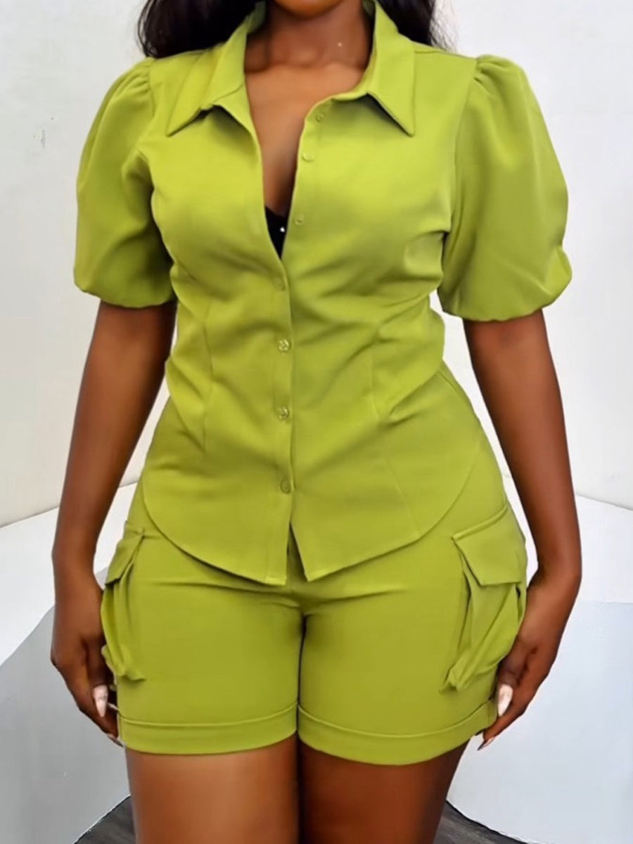 Puff Sleeve Pockets TwoPieces Set