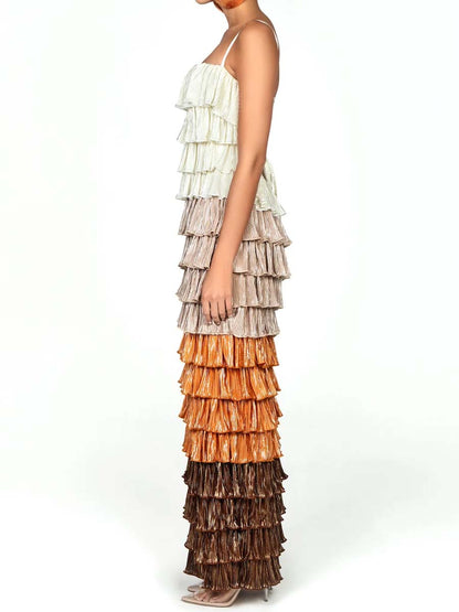 Spaghetti Straps Ruffled Trim Maxi Dress