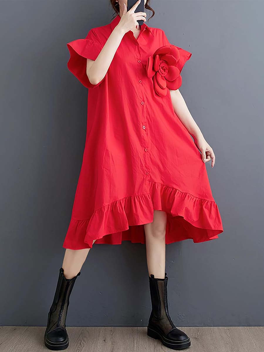 Loose Flounced 3D Flower Shirt Dress