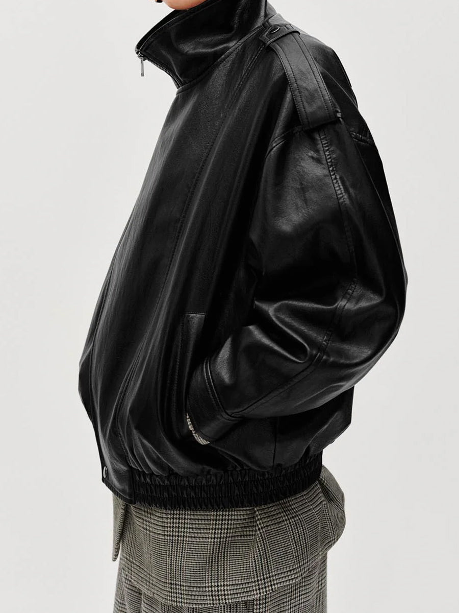 Tie Asymmetric Faux Leather Bomber Jacket