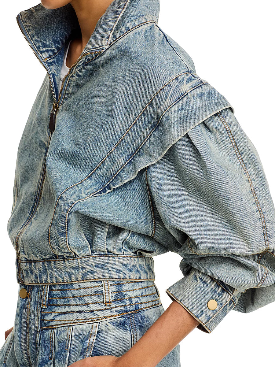 Stand Collar Patchwork Zip Up Denim Jacket
