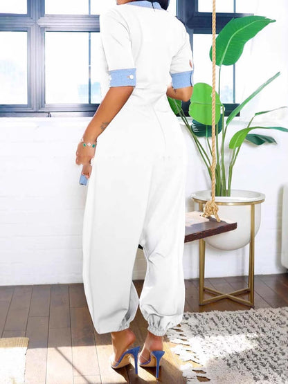 Casual V-Neck Denim Patchwork Loose Jumpsuit