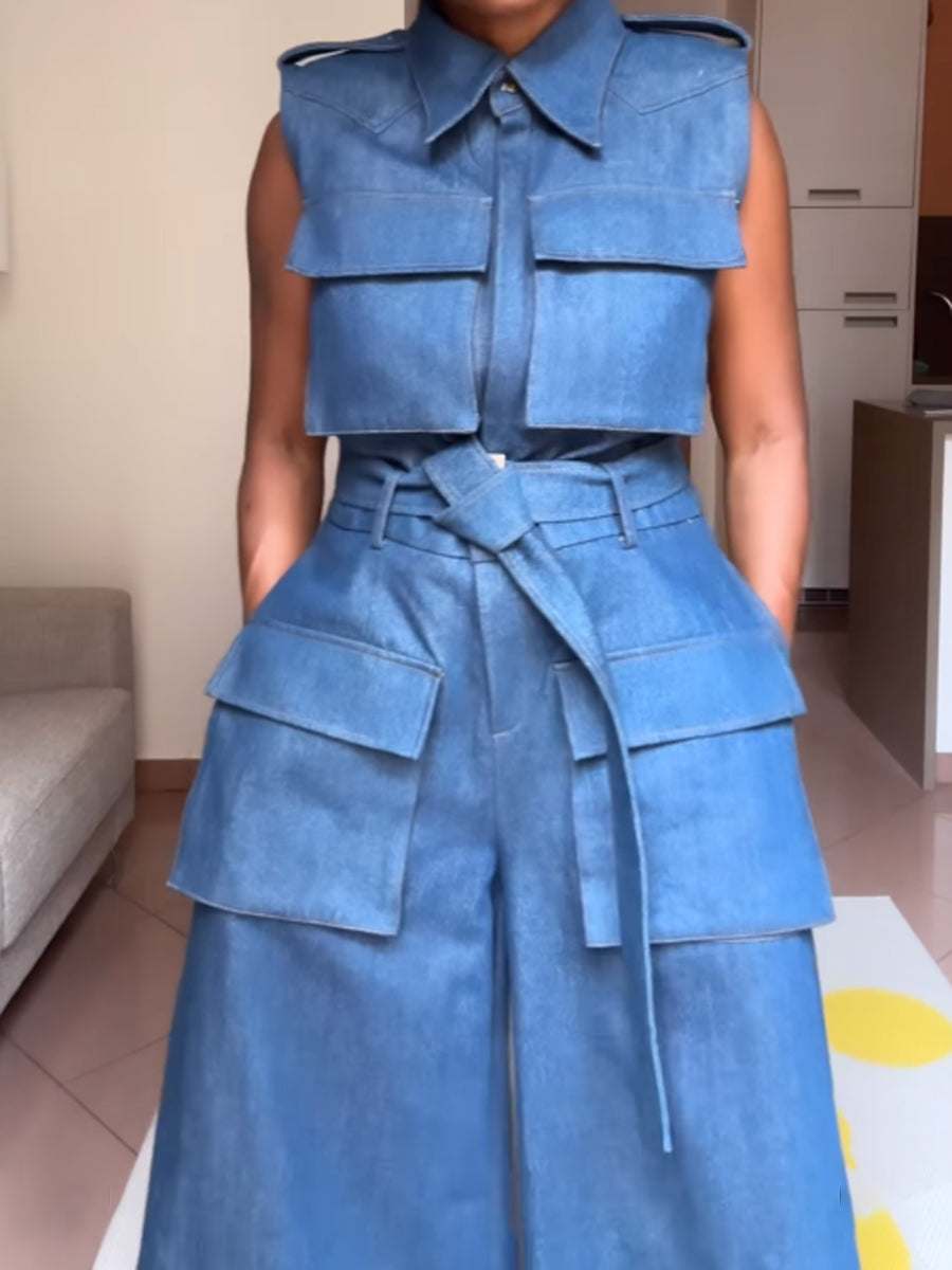 Denim Sleeveless Pockets Jumpsuit