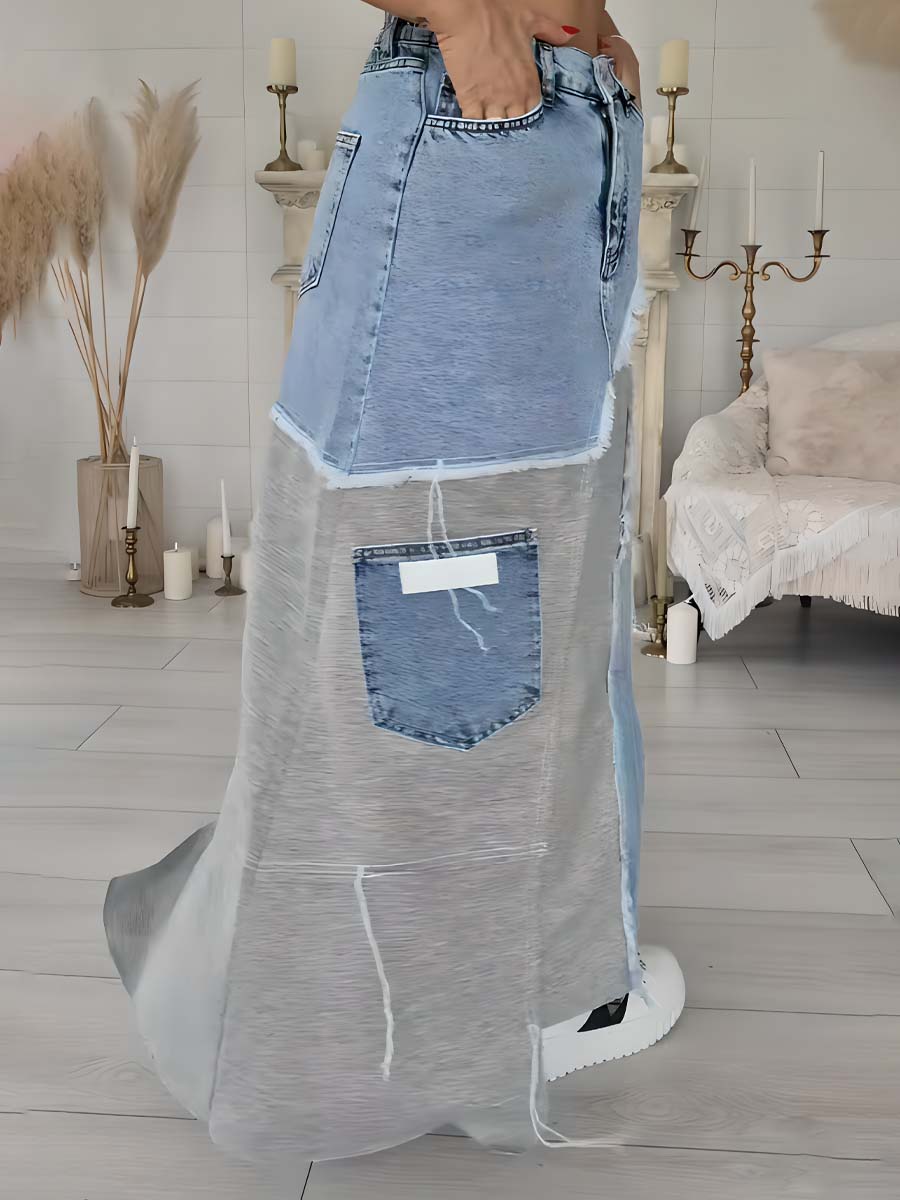 Denim Irregular High-Waist Split Skirt