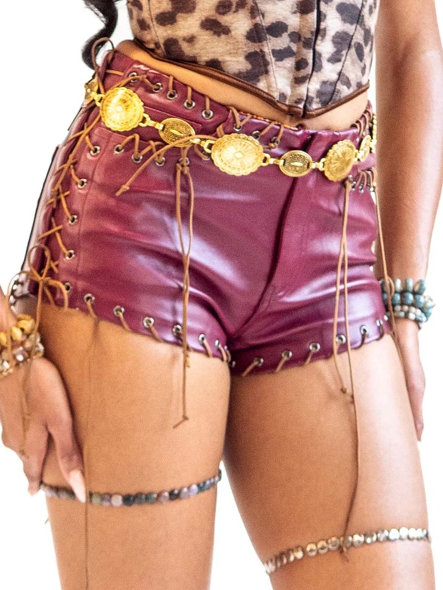 Sexy Eyelet Detail High Waist PU Short