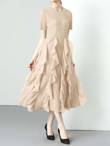 Ruffled Edges Round Neck High Waist Dress